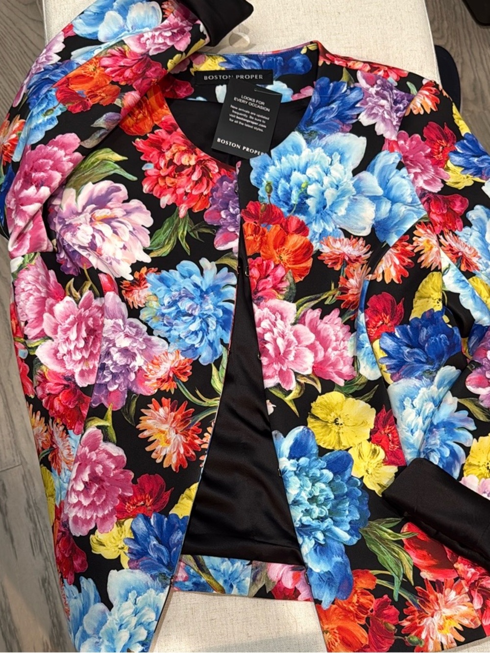 NEW Boston Proper Black Floral Open-Front Jacket with Multi-Color Blooms